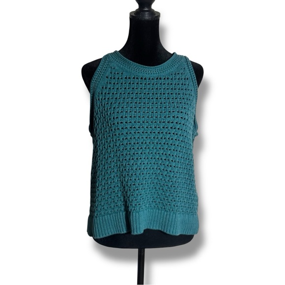 A.N.A Elegant High Neckline Dark Teal Sleeveless Crochet Knit Tank Top Sweater - Picture 5 of 15